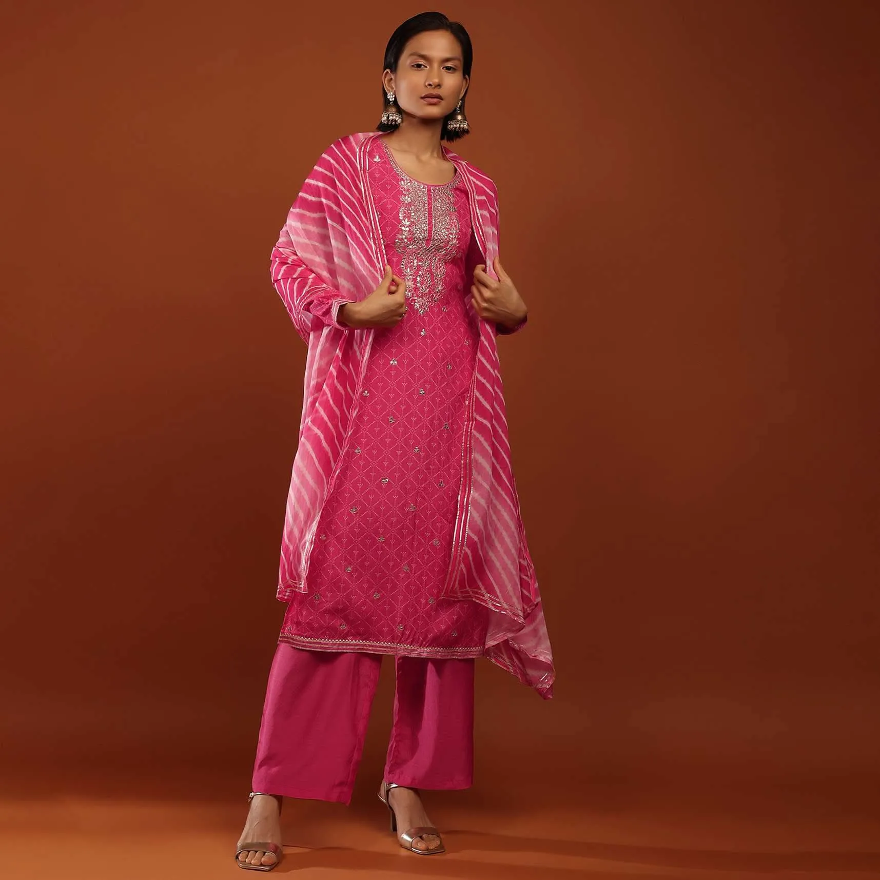 Fuchsia Pink Palazzo Suit With Bandhani Print And Gotta Patti Embrodiered Yoke Design