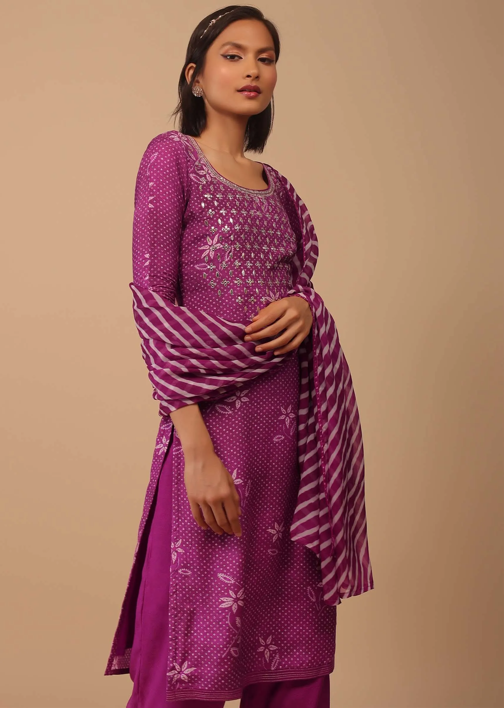 Grape Purple Embroidered Bandhani Printed Cotton Palazzo Suit With Leheriya Dupatta