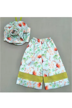 Green Organza Floral Print With 3D Flower Top And Palazzo Set