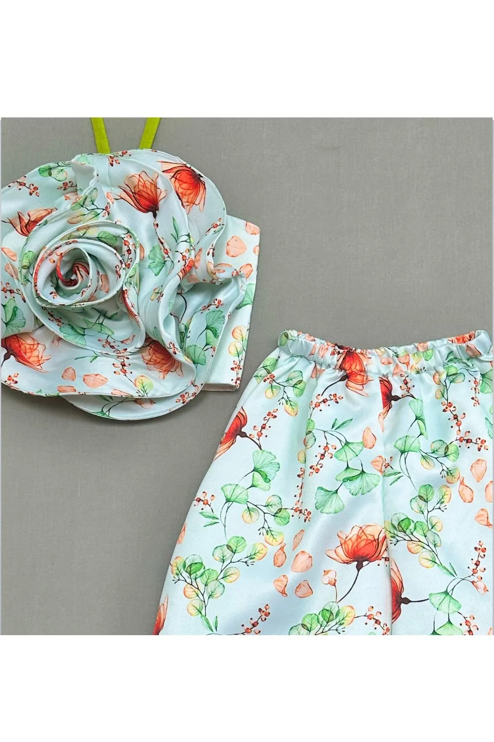 Green Organza Floral Print With 3D Flower Top And Palazzo Set