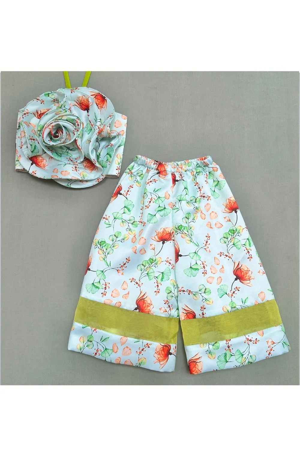 Green Organza Floral Print With 3D Flower Top And Palazzo Set