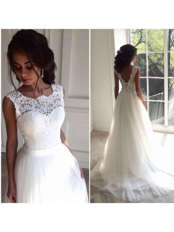 Lace O-Neck Lace Tulle Boho Wedding Dresses