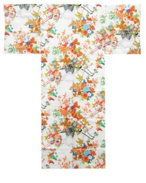 Made in Japan traditional Kimono White Flower & Jinrikisha