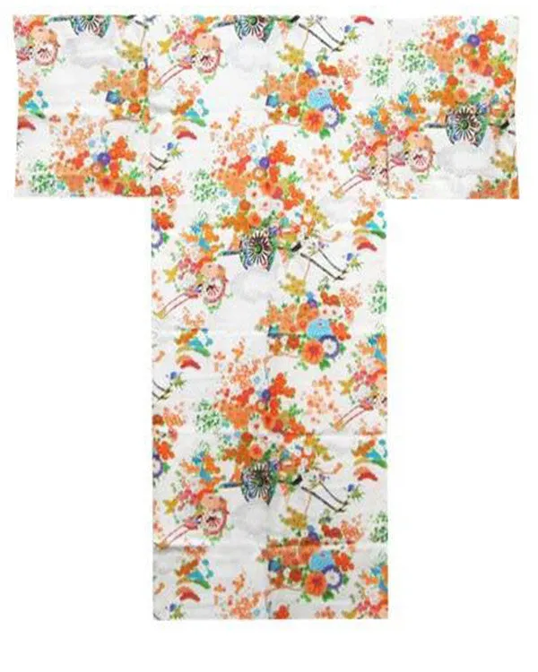 Made in Japan traditional Kimono White Flower & Jinrikisha