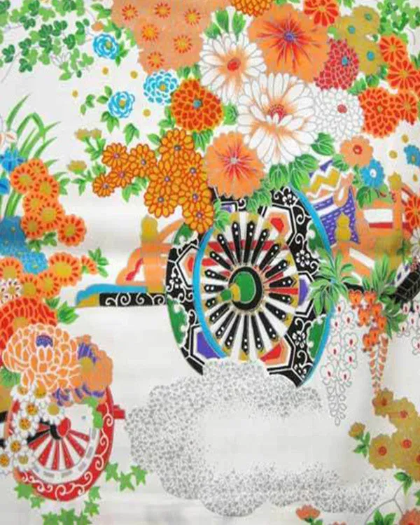 Made in Japan traditional Kimono White Flower & Jinrikisha