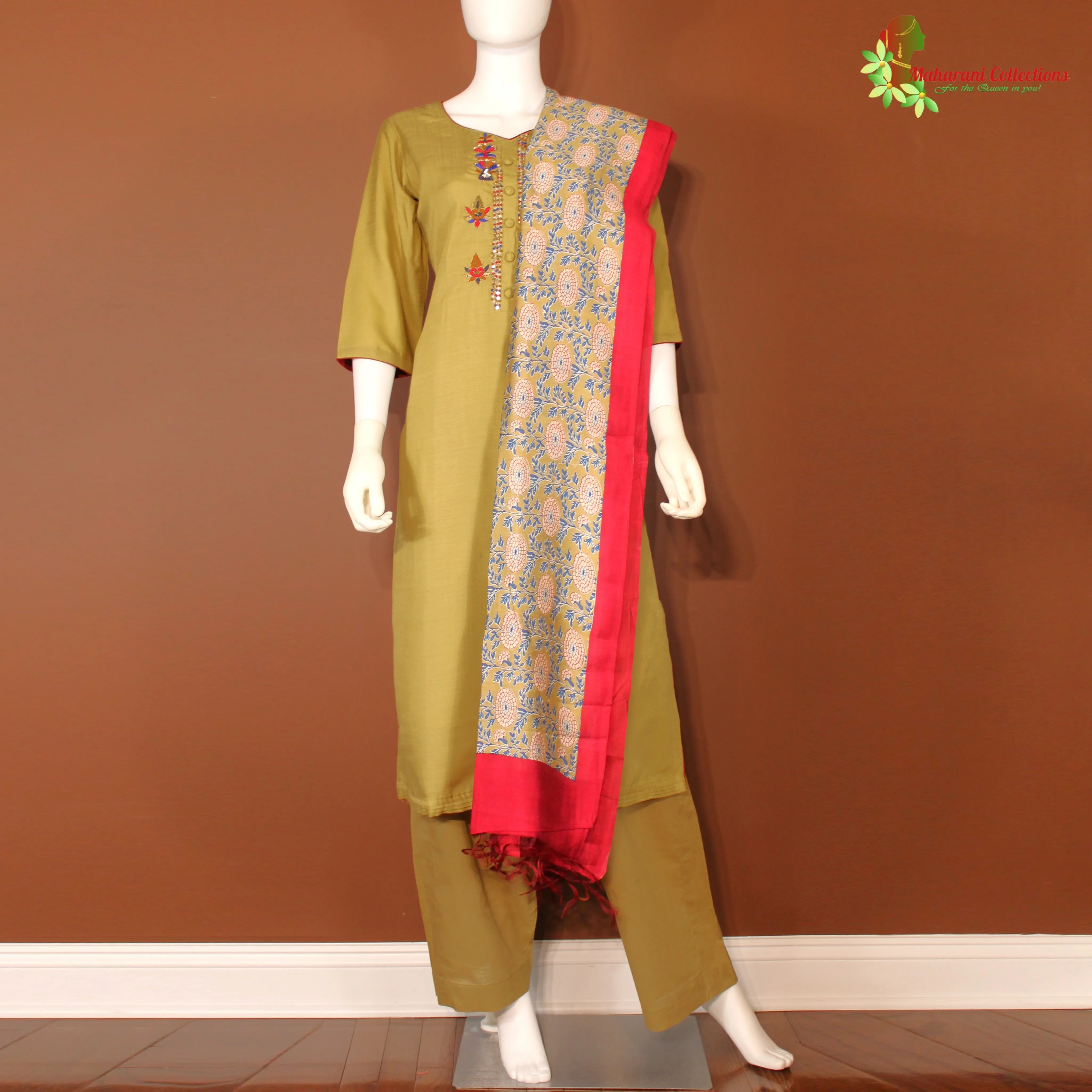 Maharani's Designer Palazzo Suit Set - Cotton Silk - Henna Green (M)