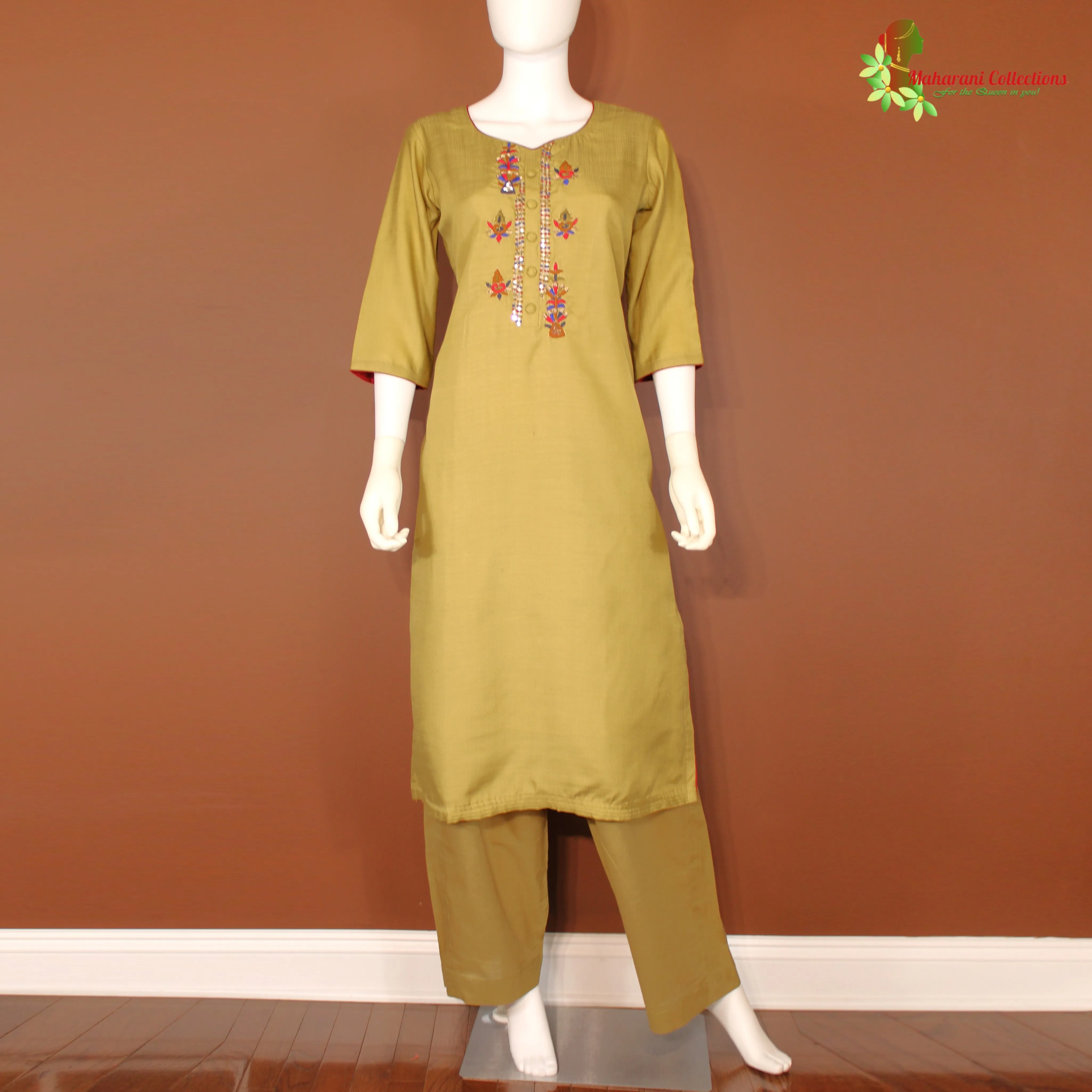 Maharani's Designer Palazzo Suit Set - Cotton Silk - Henna Green (M)