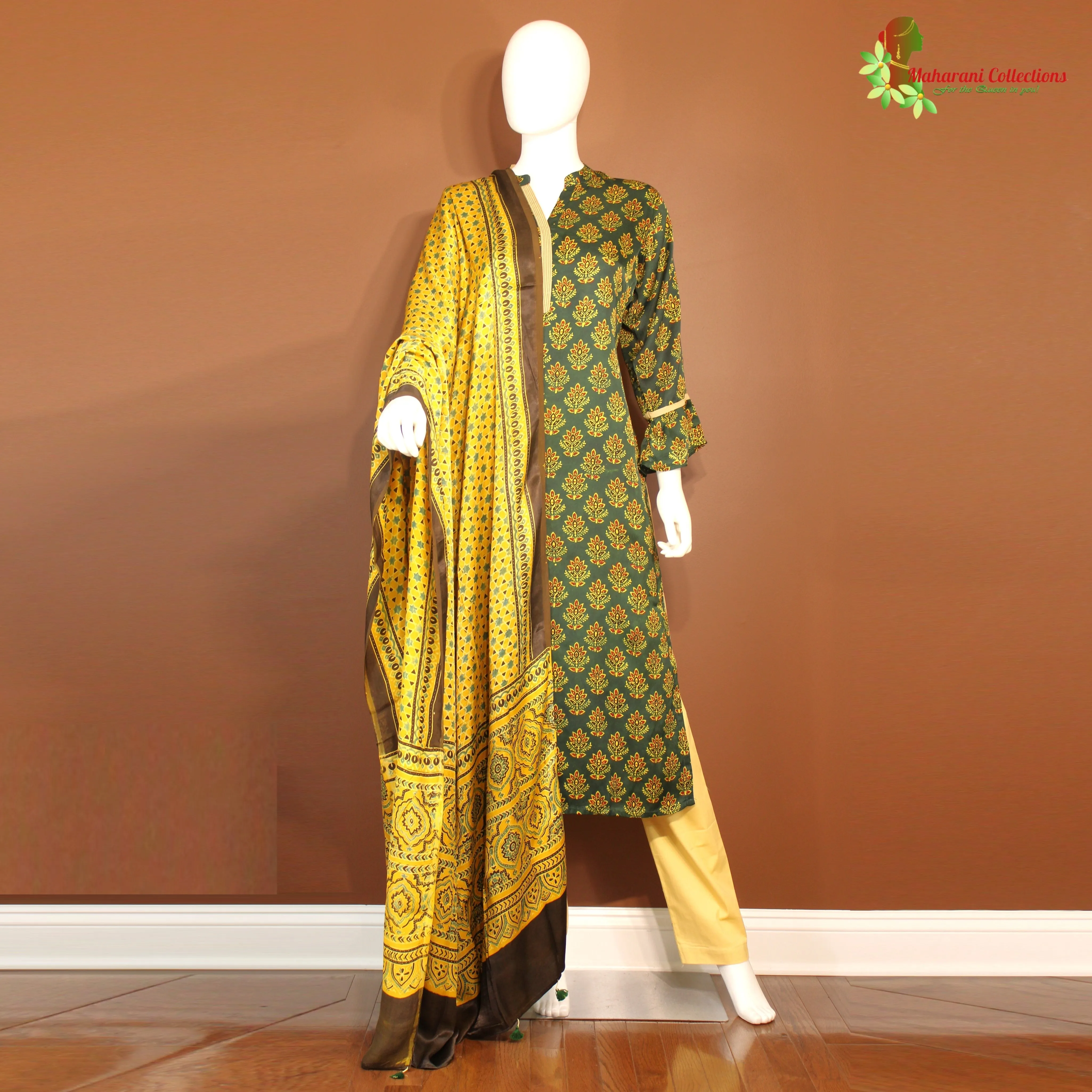 Maharani's Designer Silk Pant Suit - Green and Yellow (M)