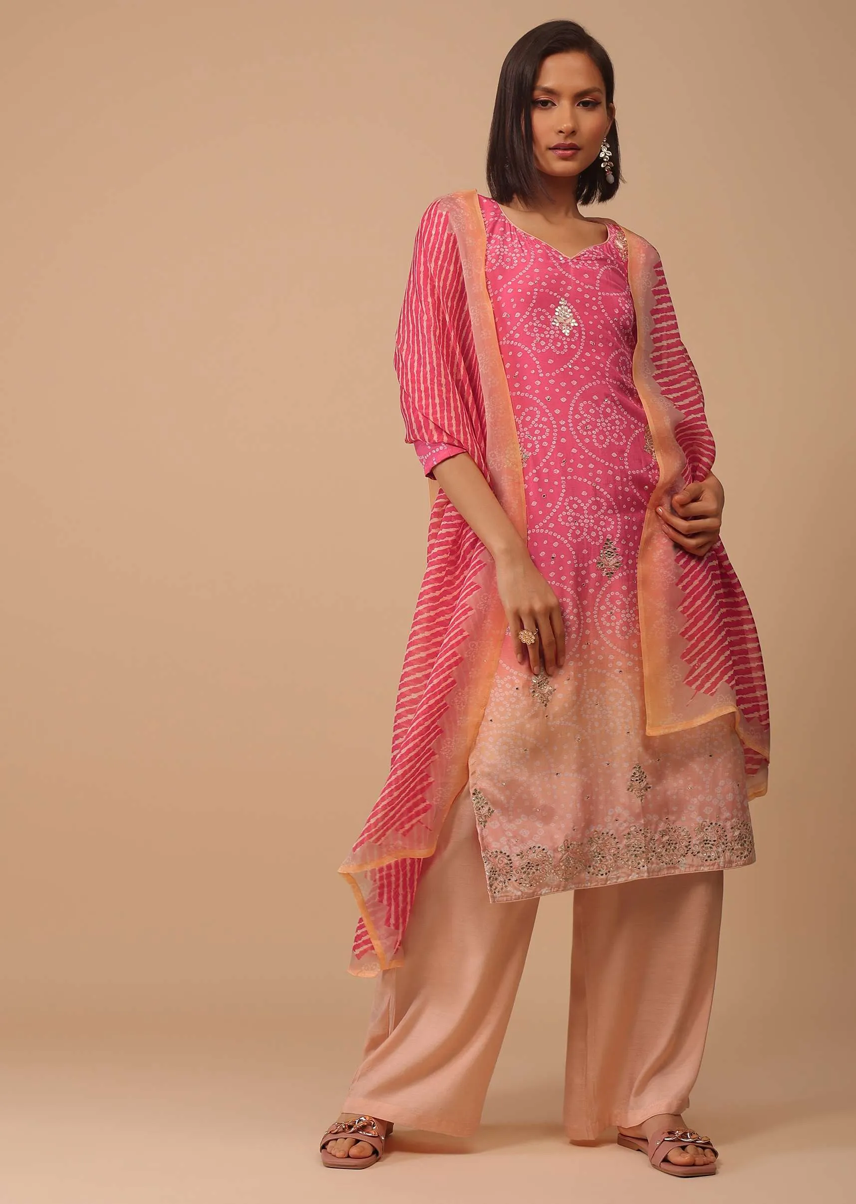 Ombre Coral Pink Embroidered Bandhani Printed Cotton Palazzo Suit With Leheriya Dupatta