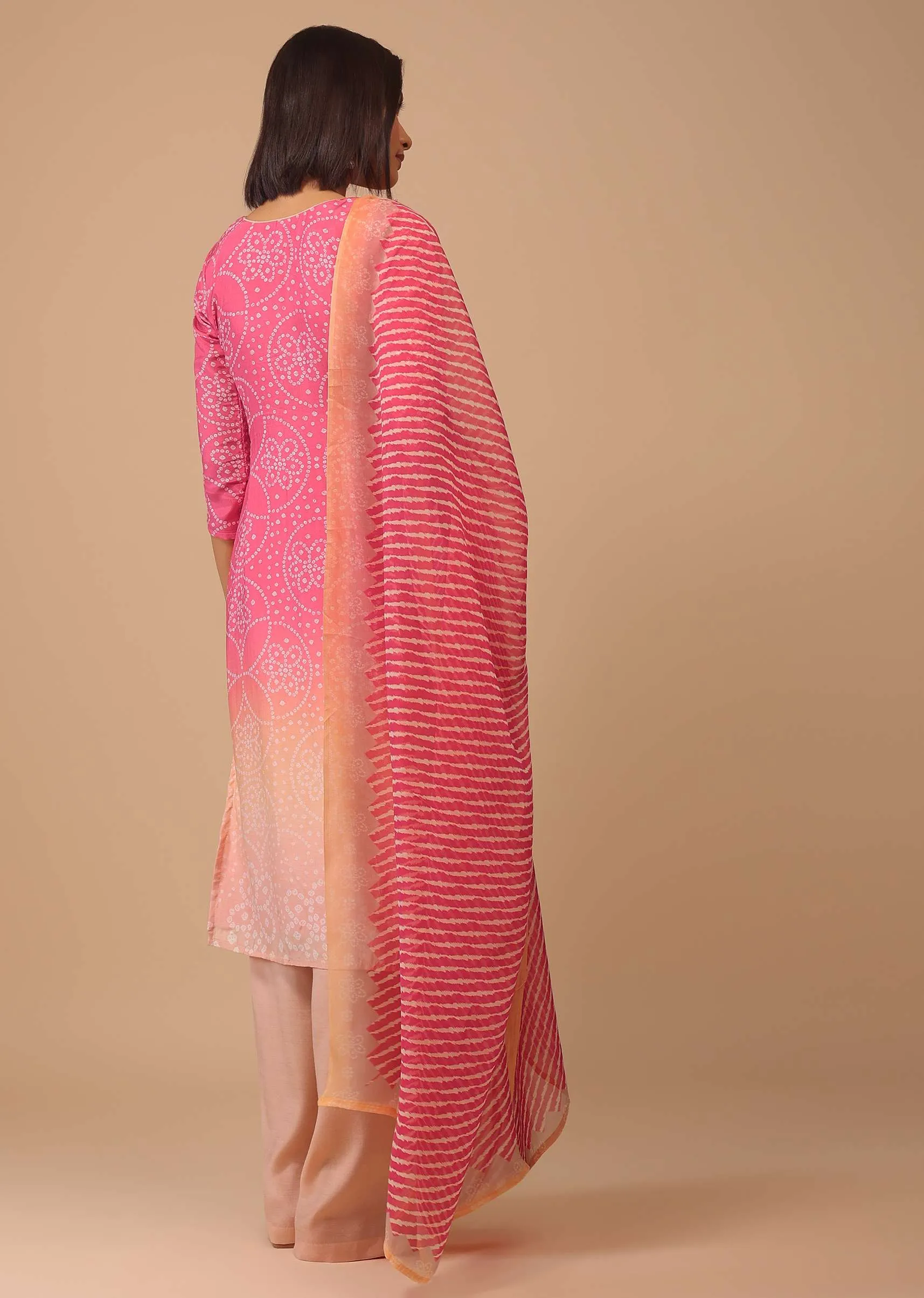 Ombre Coral Pink Embroidered Bandhani Printed Cotton Palazzo Suit With Leheriya Dupatta