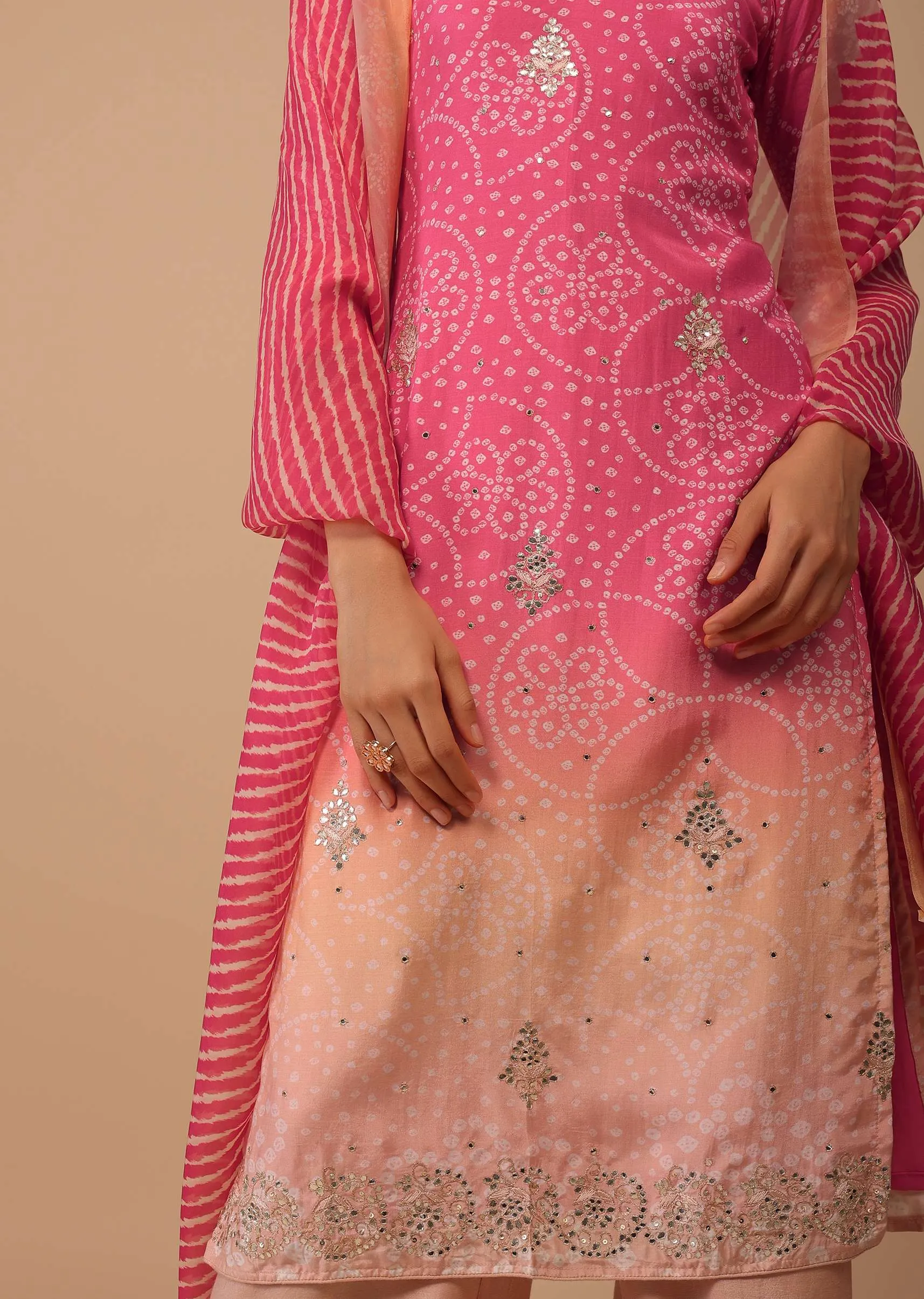 Ombre Coral Pink Embroidered Bandhani Printed Cotton Palazzo Suit With Leheriya Dupatta