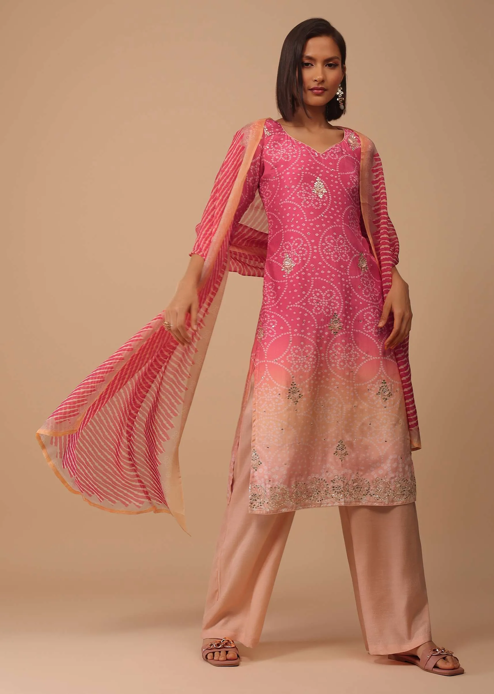 Ombre Coral Pink Embroidered Bandhani Printed Cotton Palazzo Suit With Leheriya Dupatta