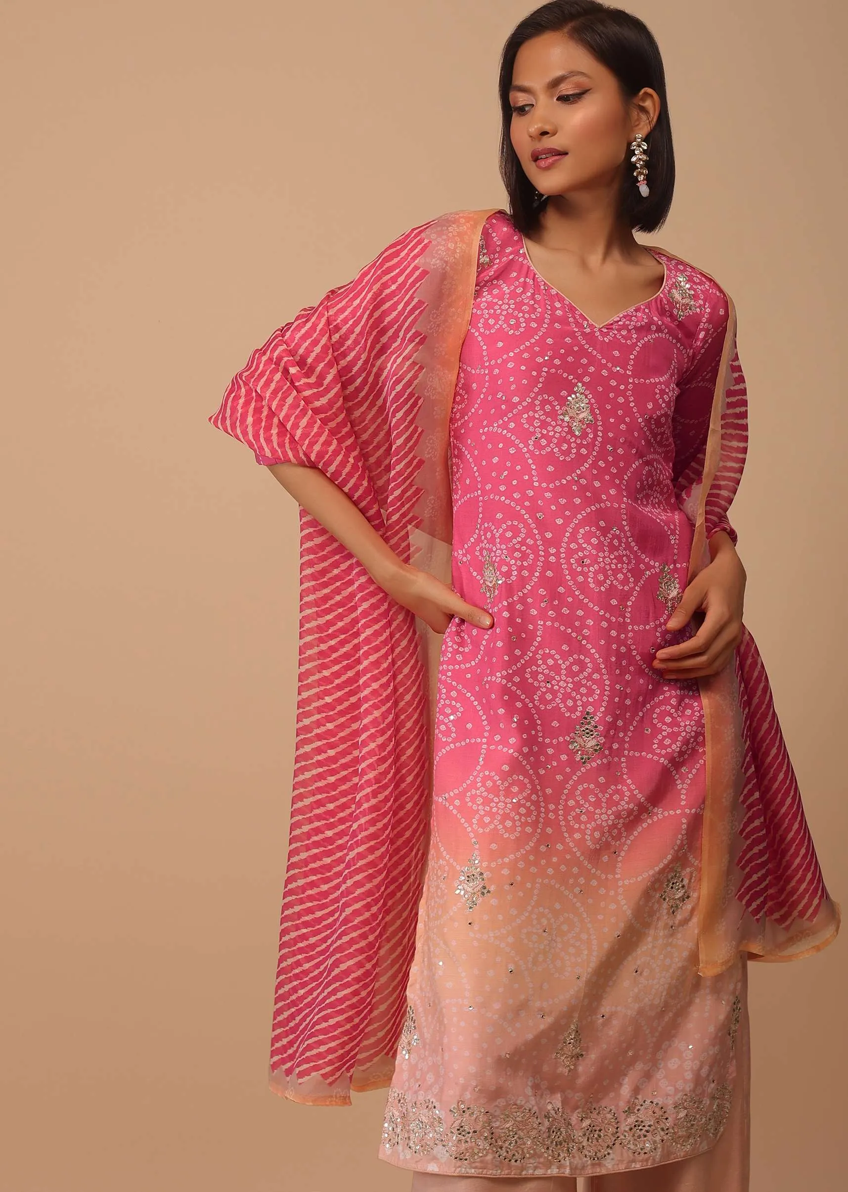 Ombre Coral Pink Embroidered Bandhani Printed Cotton Palazzo Suit With Leheriya Dupatta