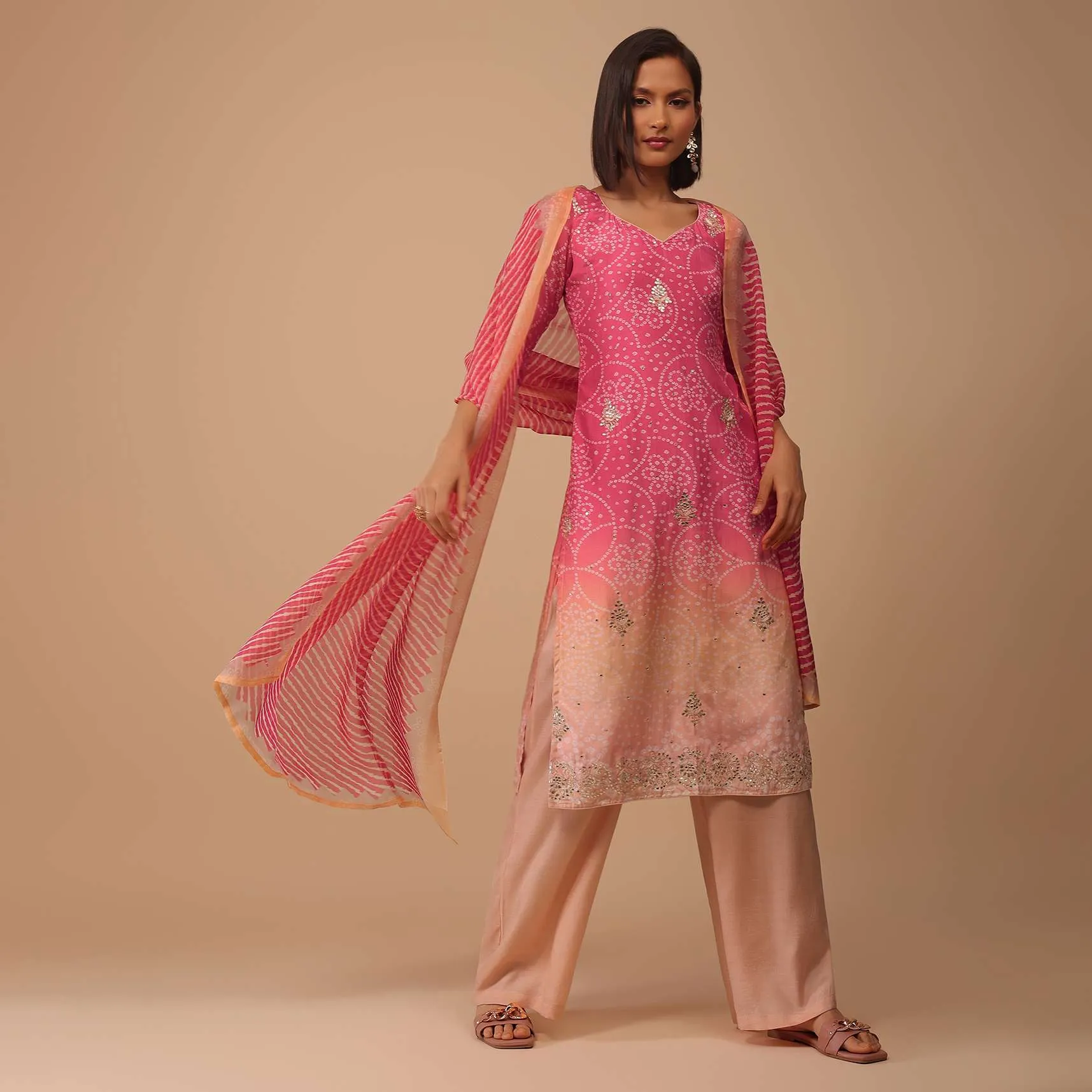 Ombre Coral Pink Embroidered Bandhani Printed Cotton Palazzo Suit With Leheriya Dupatta