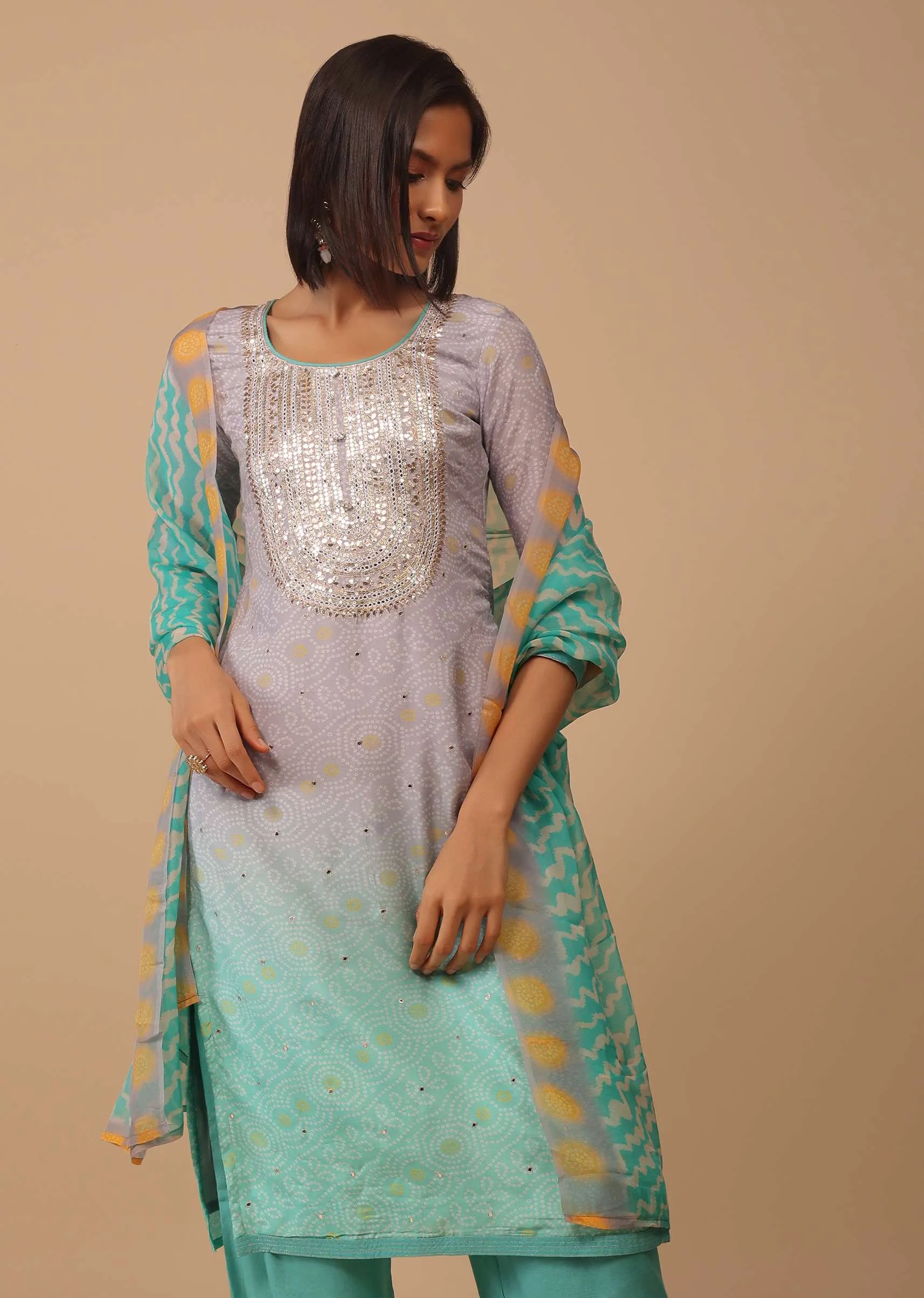 Ombre Sea Green Embroidered Bandhani Printed Cotton Palazzo Suit With Leheriya Dupatta