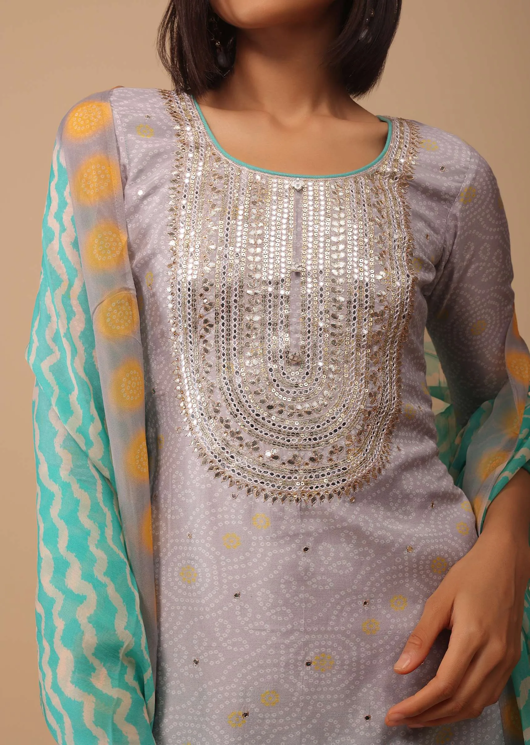 Ombre Sea Green Embroidered Bandhani Printed Cotton Palazzo Suit With Leheriya Dupatta