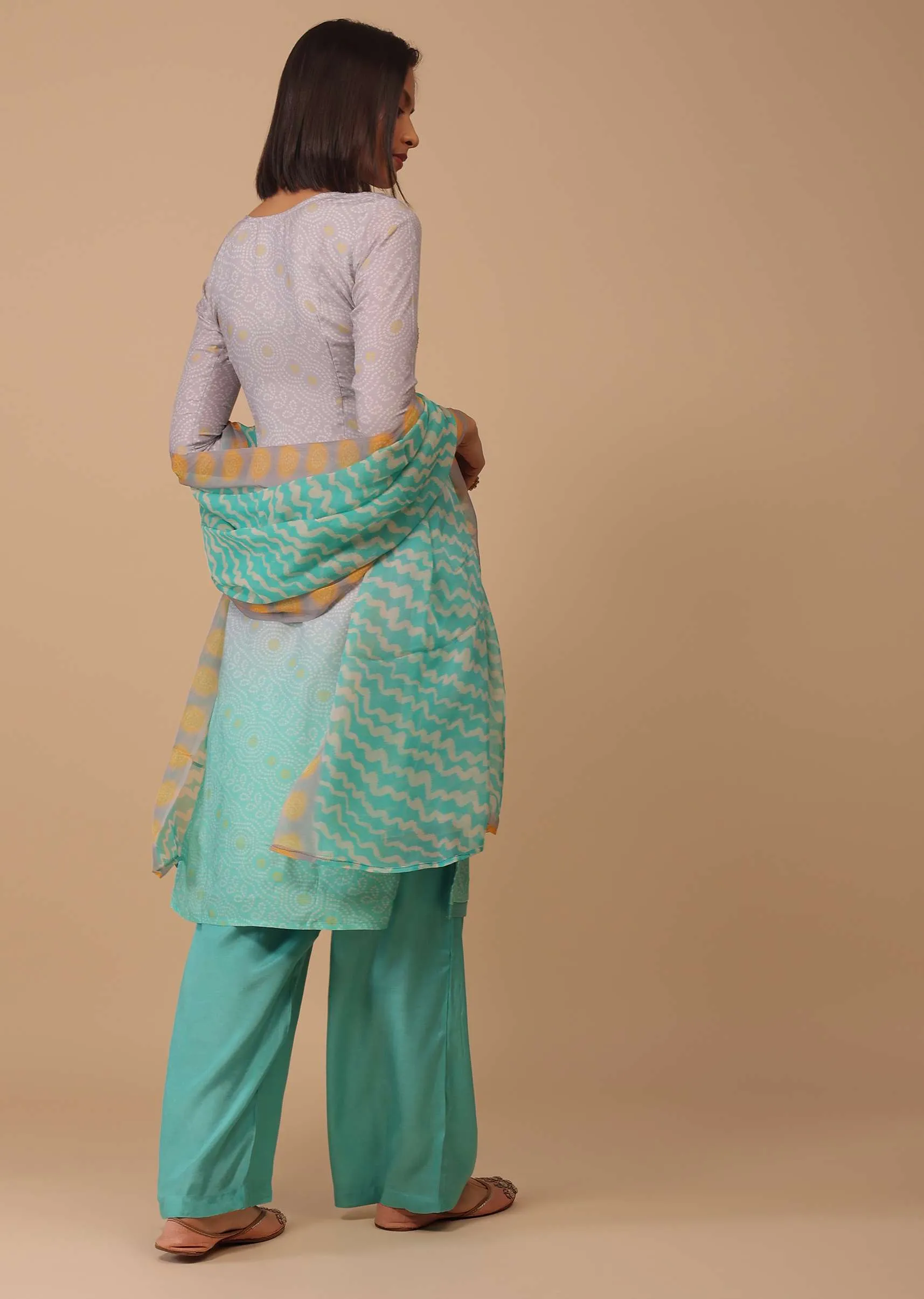 Ombre Sea Green Embroidered Bandhani Printed Cotton Palazzo Suit With Leheriya Dupatta