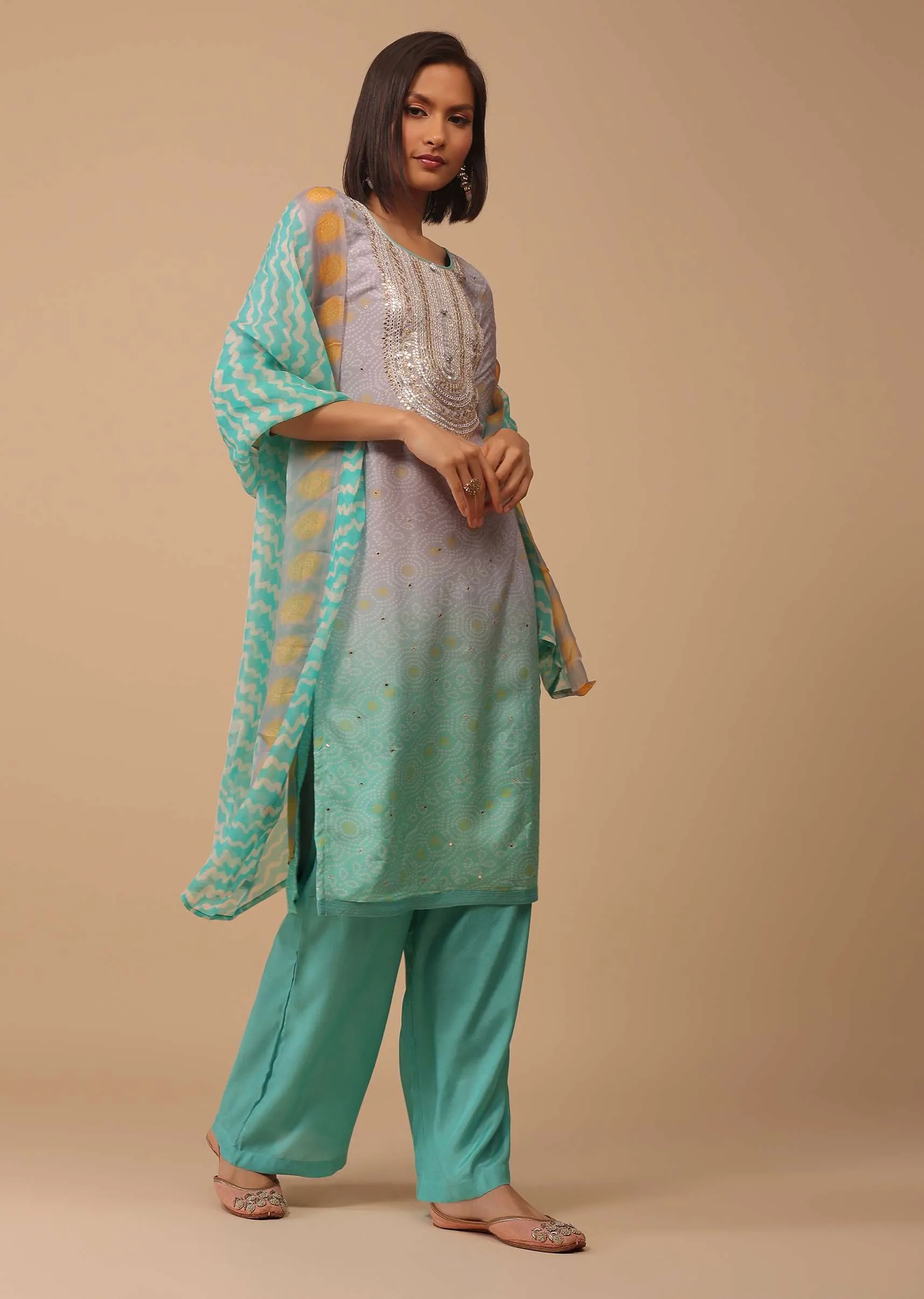 Ombre Sea Green Embroidered Bandhani Printed Cotton Palazzo Suit With Leheriya Dupatta
