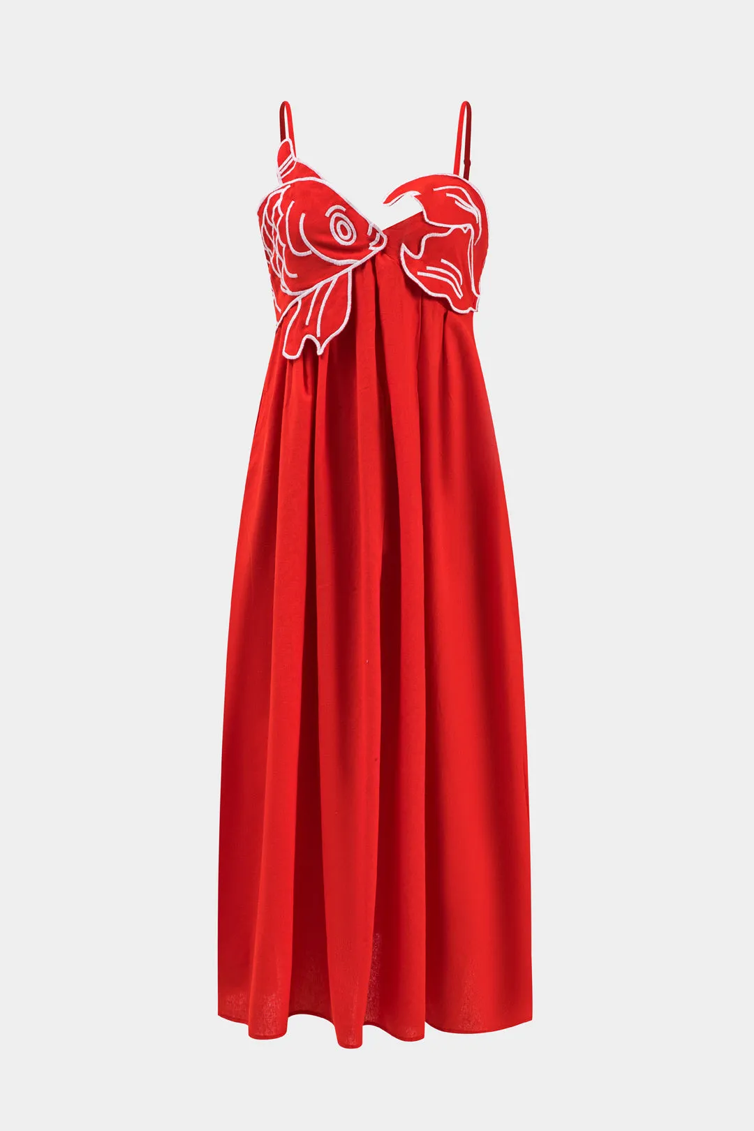 Pleated Fish Embroidery Backless Slip Maxi Elbise