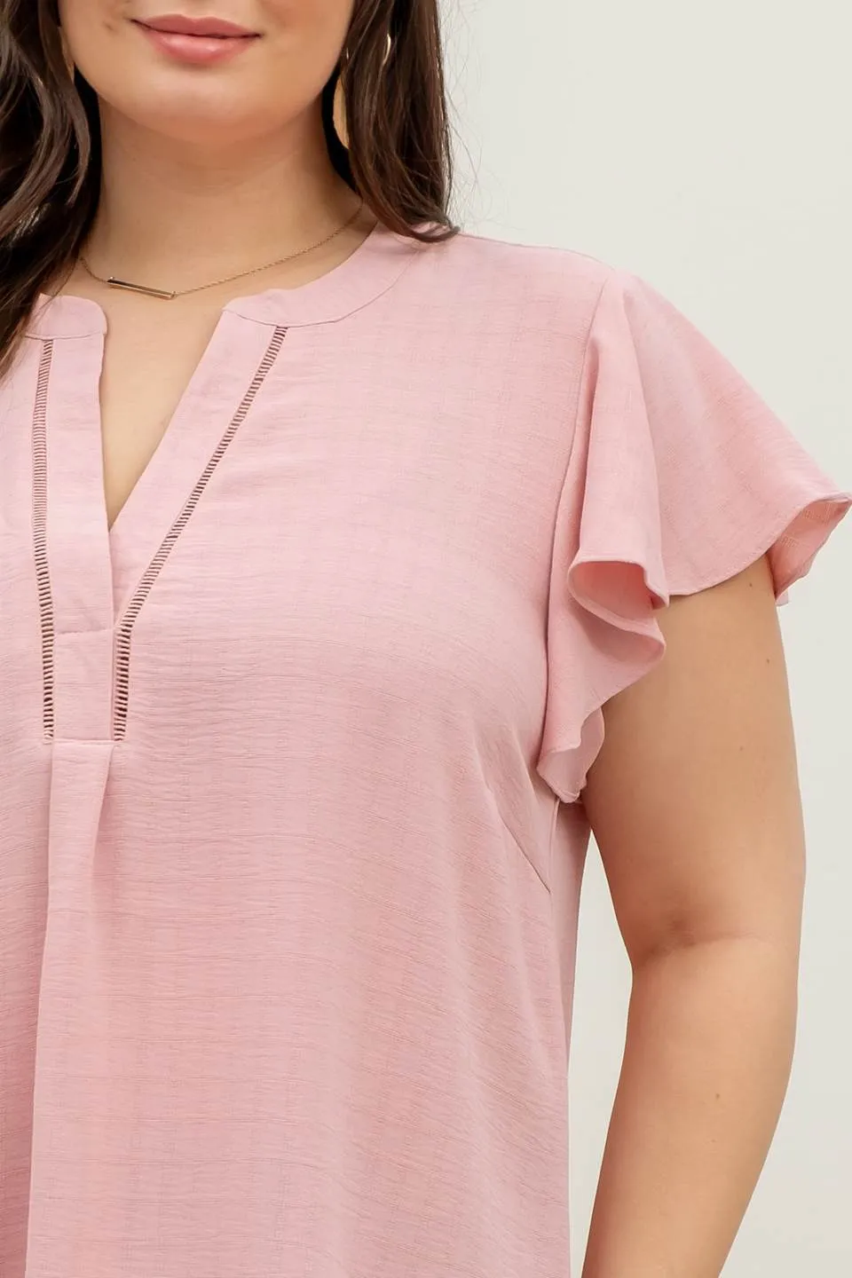 PLUS GRID PRINT SPLIT NECK LADDER LACE TRIM BLOUSE