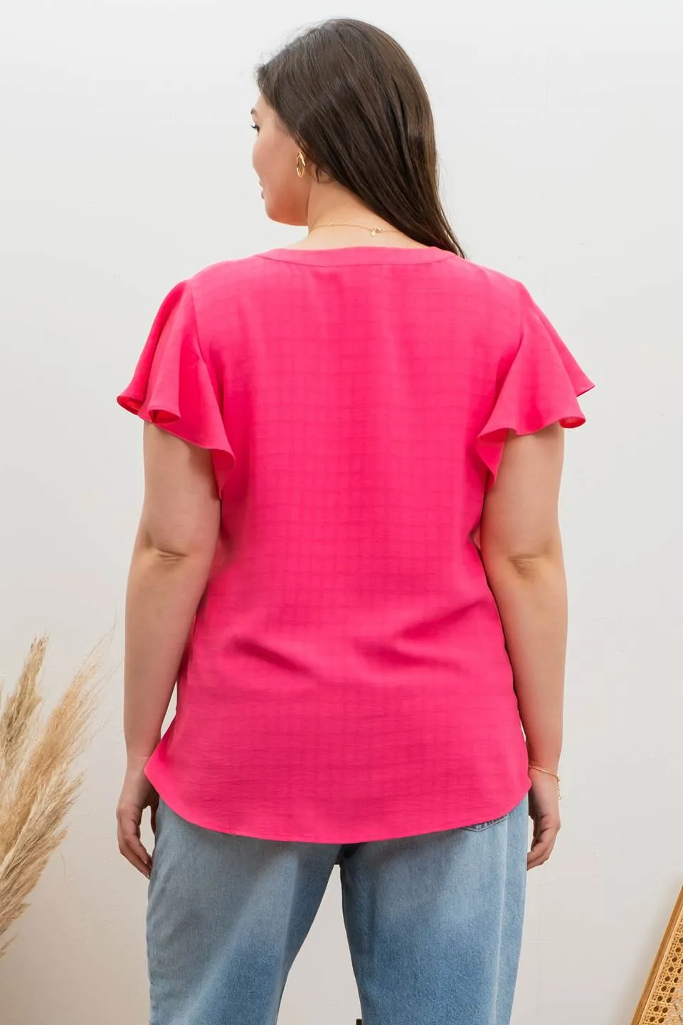 PLUS GRID PRINT SPLIT NECK LADDER LACE TRIM BLOUSE