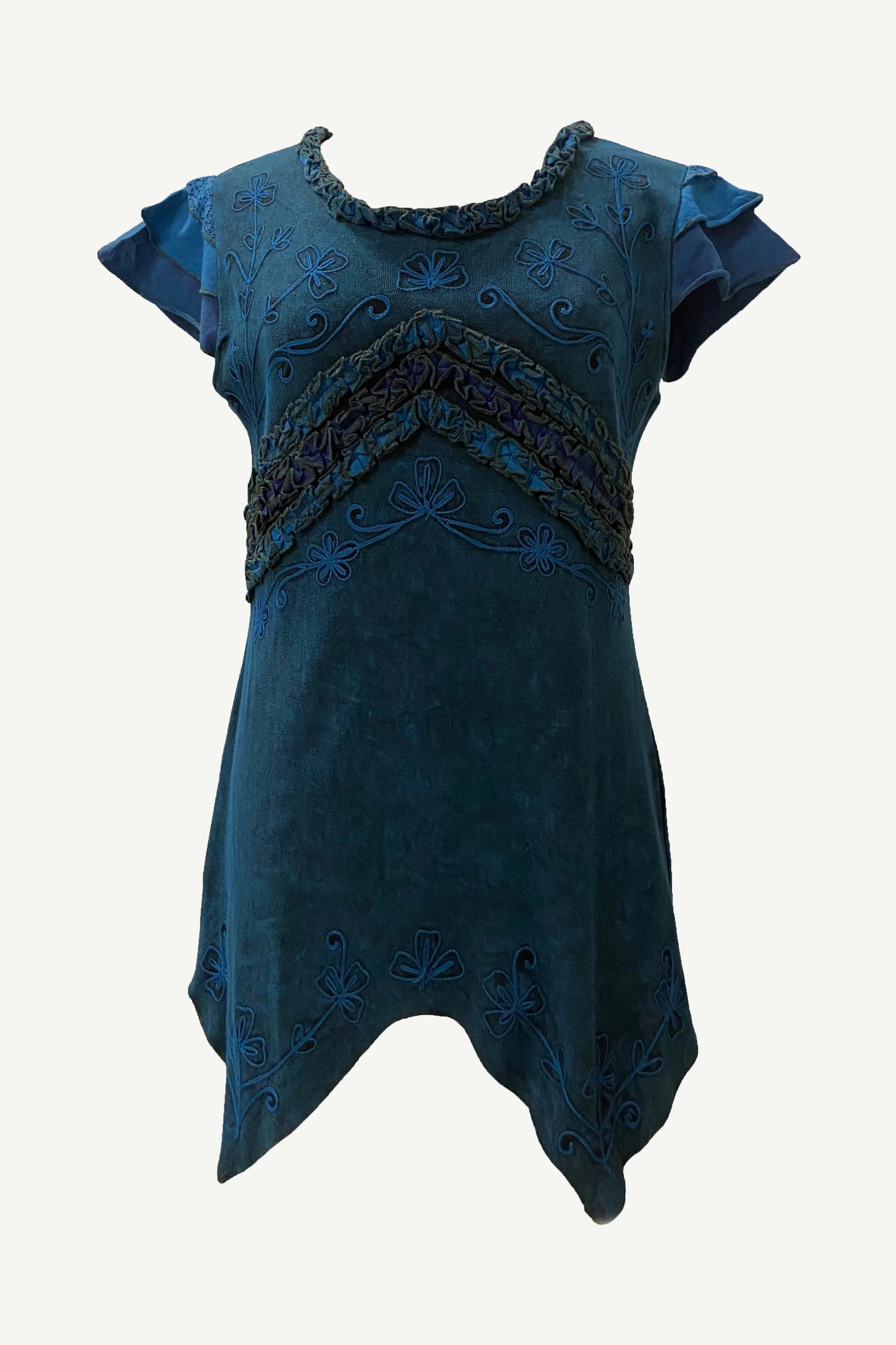 R 304 B Knit Cotton Round Neck Gauzy Lace Embroidered Cap Sleeve Tunic Blouse