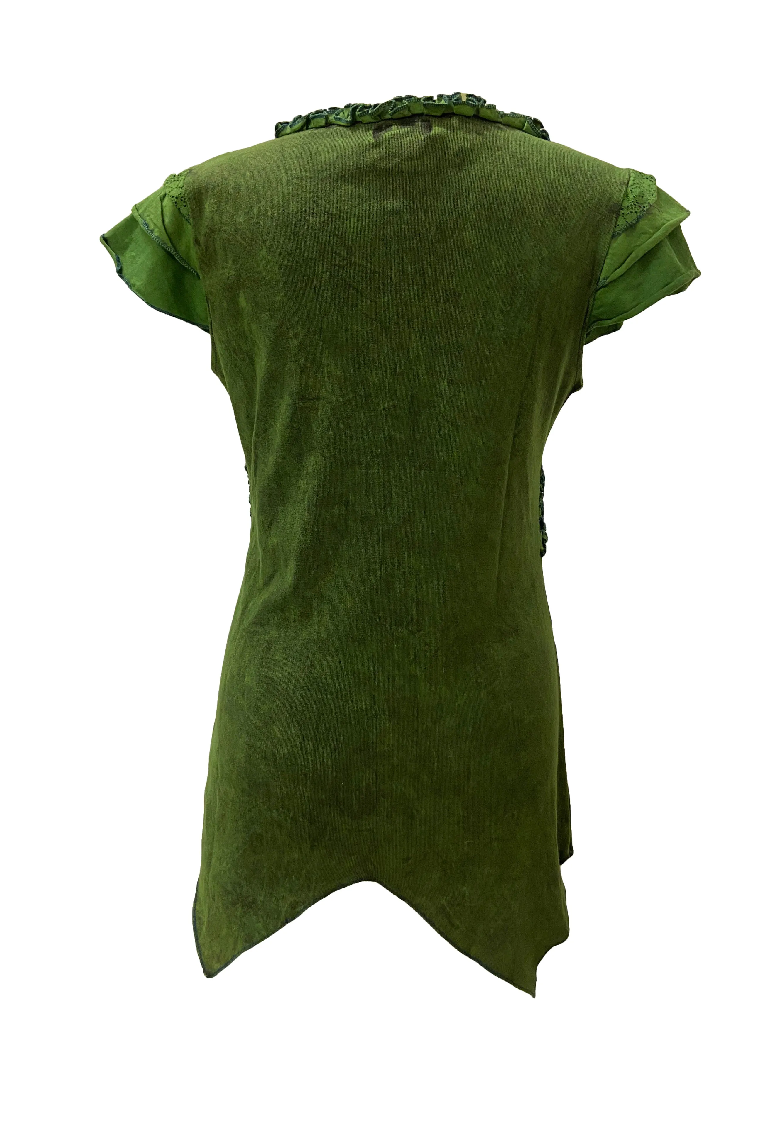 R 304 B Knit Cotton Round Neck Gauzy Lace Embroidered Cap Sleeve Tunic Blouse