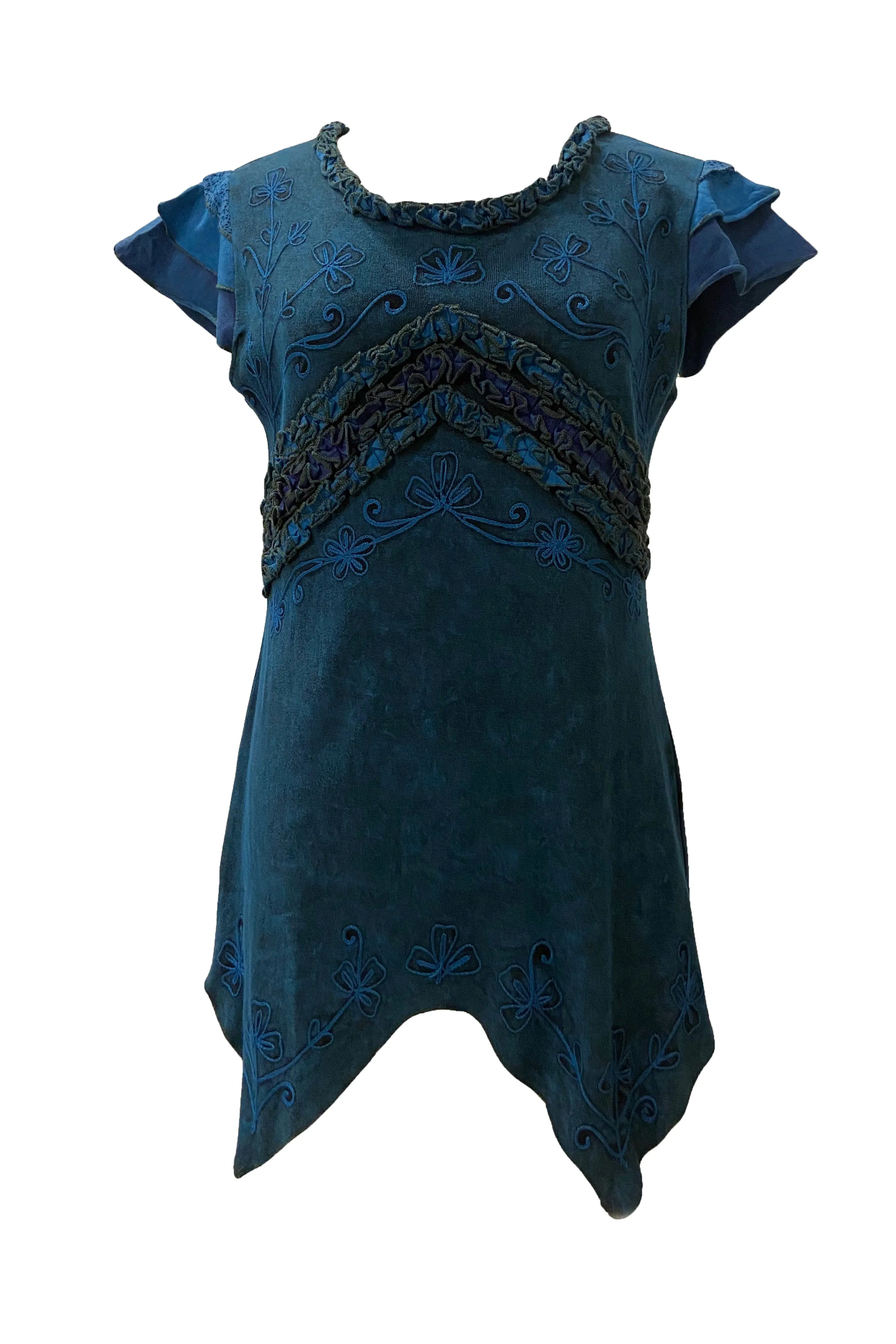 R 304 B Knit Cotton Round Neck Gauzy Lace Embroidered Cap Sleeve Tunic Blouse