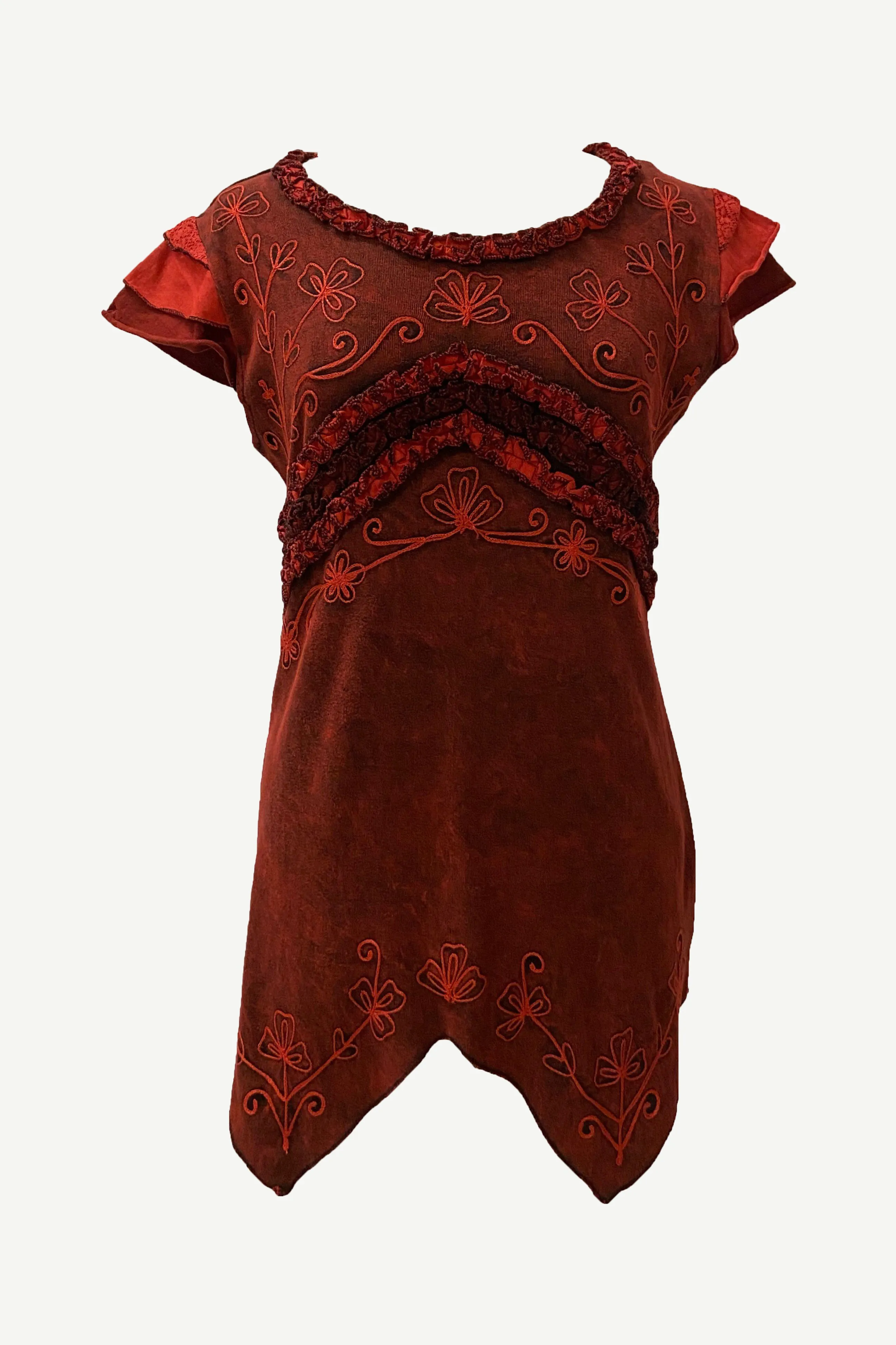R 304 B Knit Cotton Round Neck Gauzy Lace Embroidered Cap Sleeve Tunic Blouse