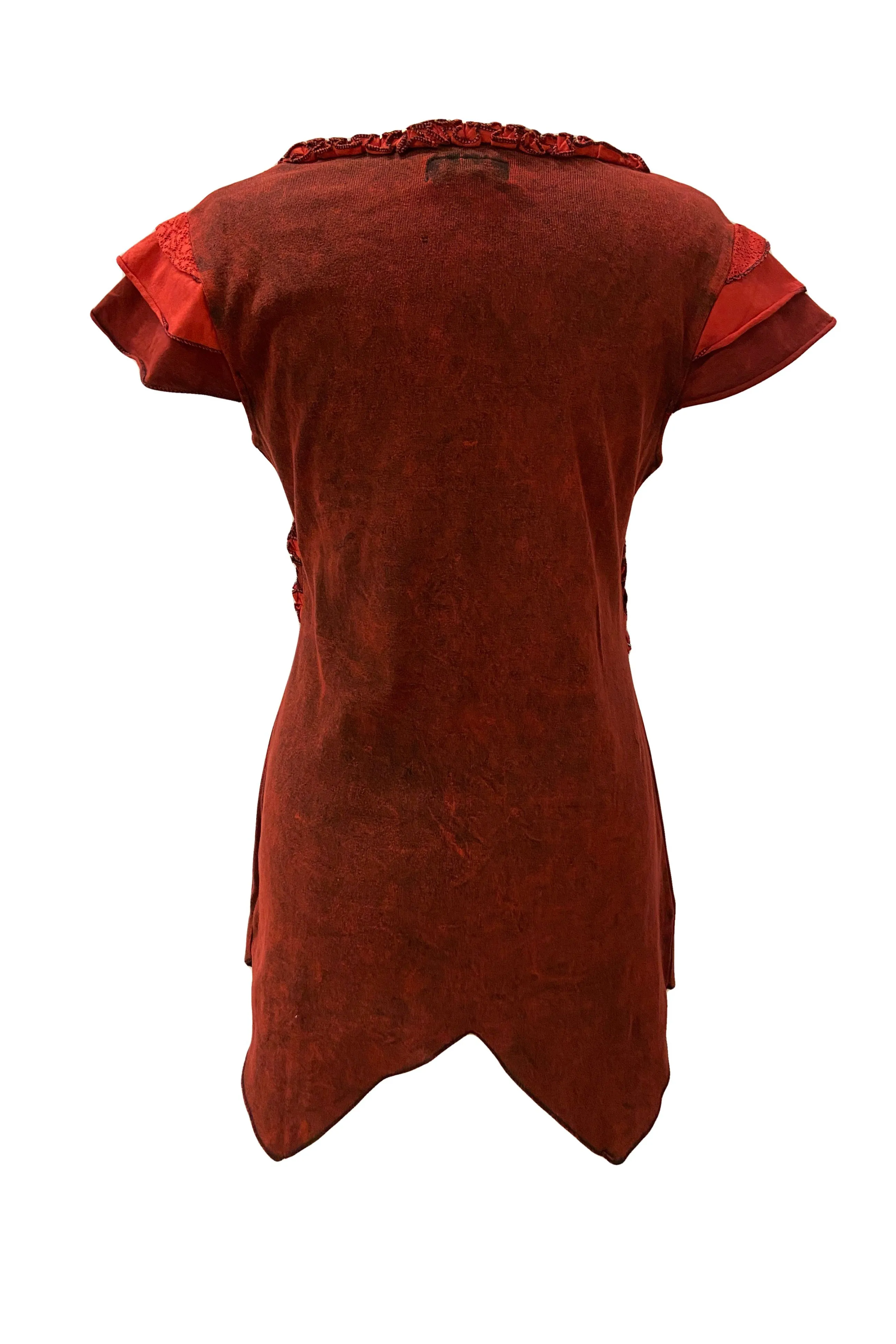 R 304 B Knit Cotton Round Neck Gauzy Lace Embroidered Cap Sleeve Tunic Blouse