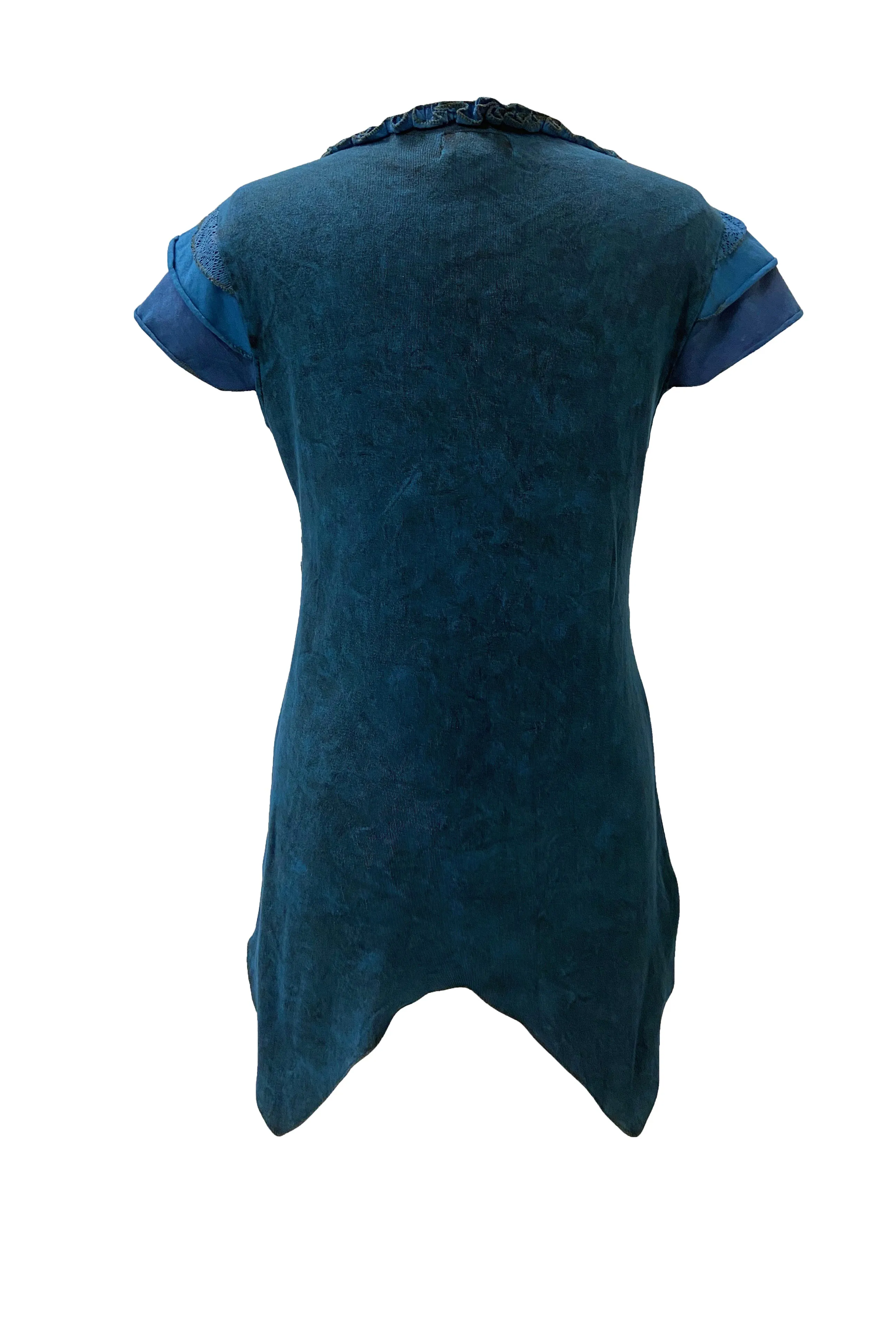 R 304 B Knit Cotton Round Neck Gauzy Lace Embroidered Cap Sleeve Tunic Blouse