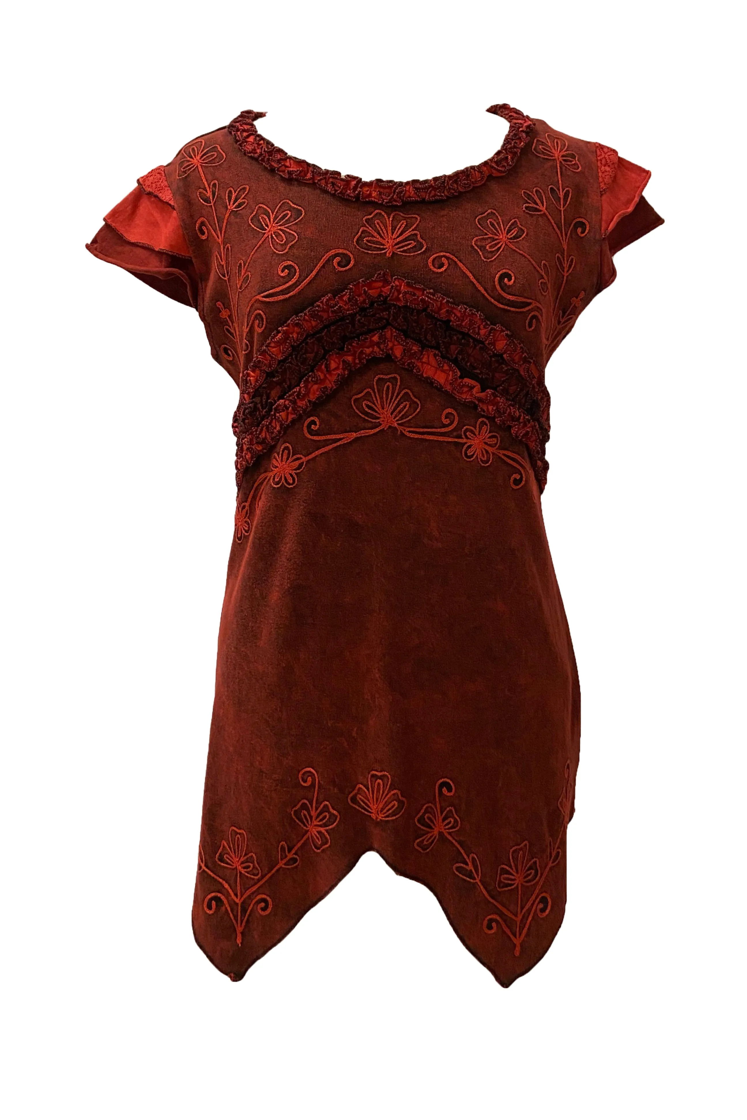 R 304 B Knit Cotton Round Neck Gauzy Lace Embroidered Cap Sleeve Tunic Blouse
