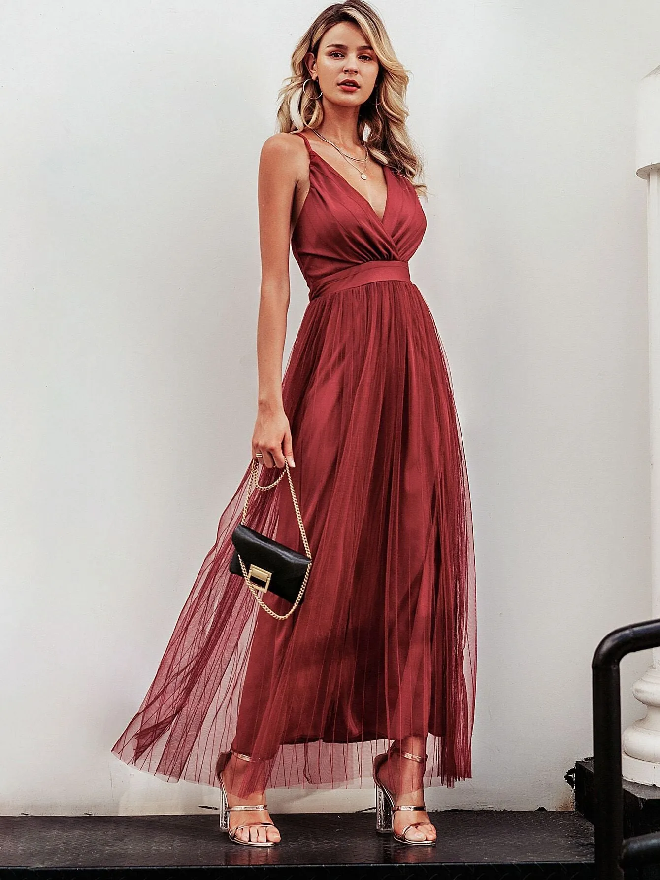 Simplee Criss-cross Backless Mesh Overlay Slip Dress