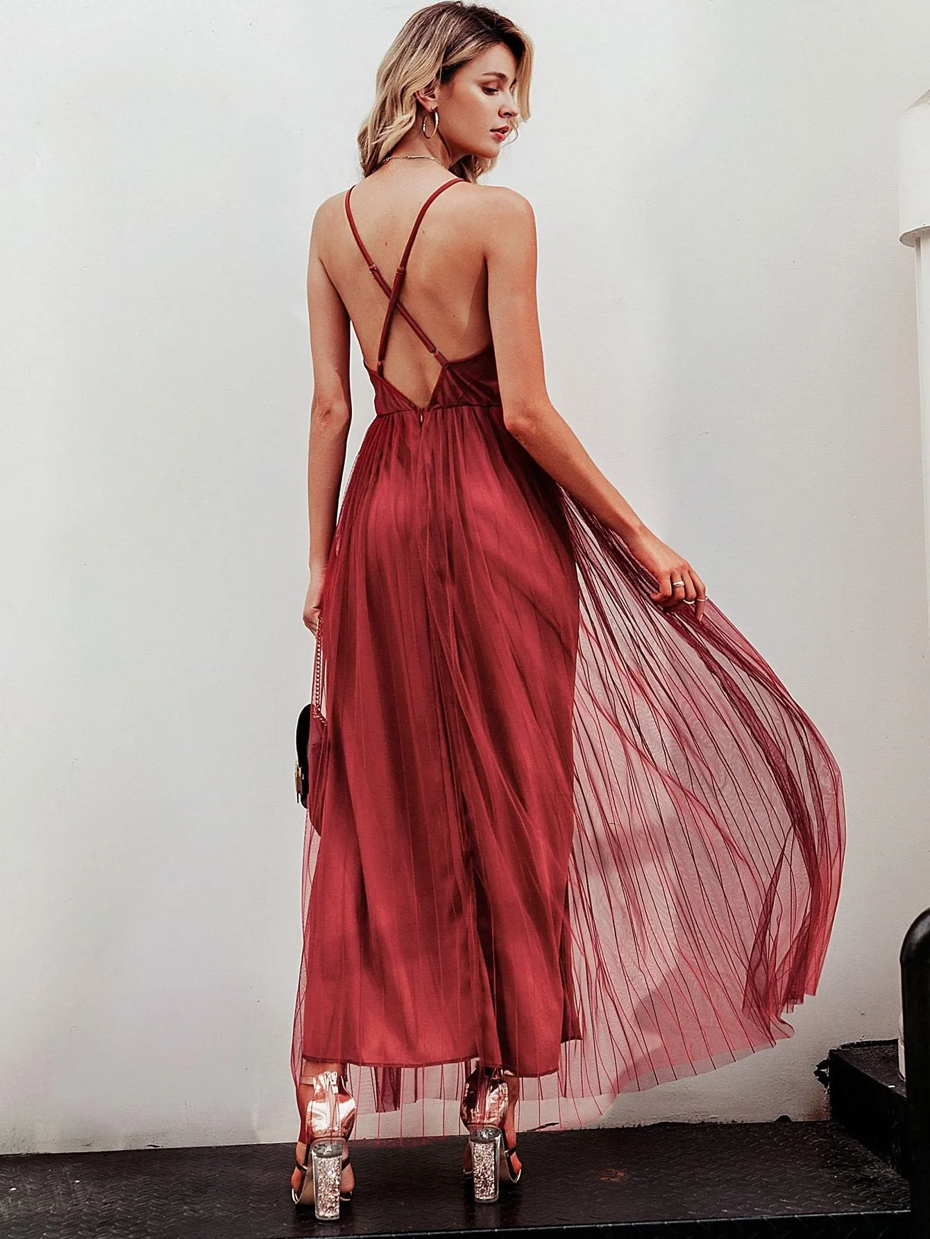Simplee Criss-cross Backless Mesh Overlay Slip Dress
