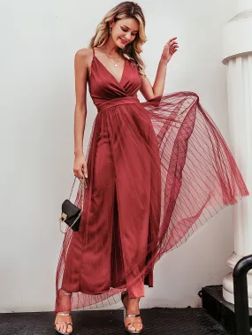 Simplee Criss-cross Backless Mesh Overlay Slip Dress