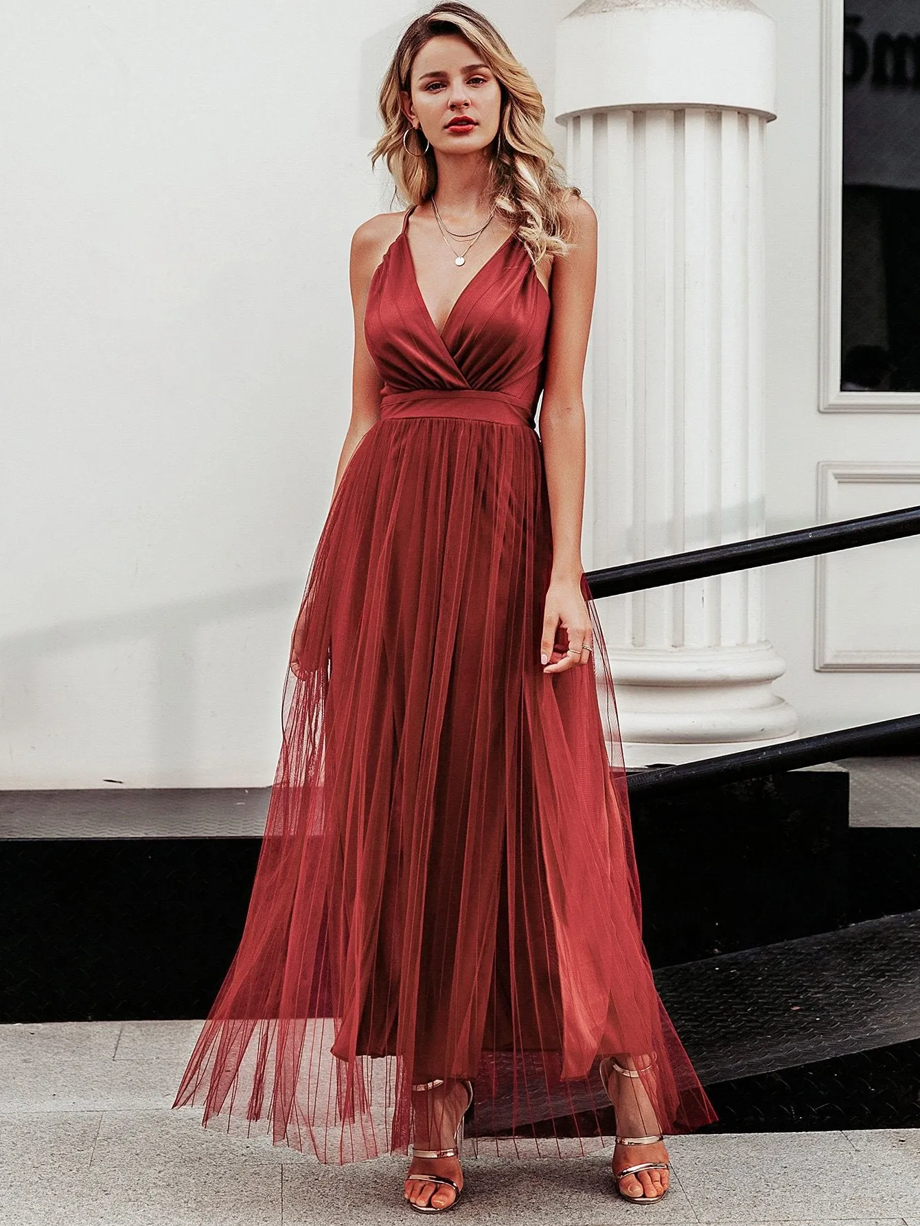 Simplee Criss-cross Backless Mesh Overlay Slip Dress