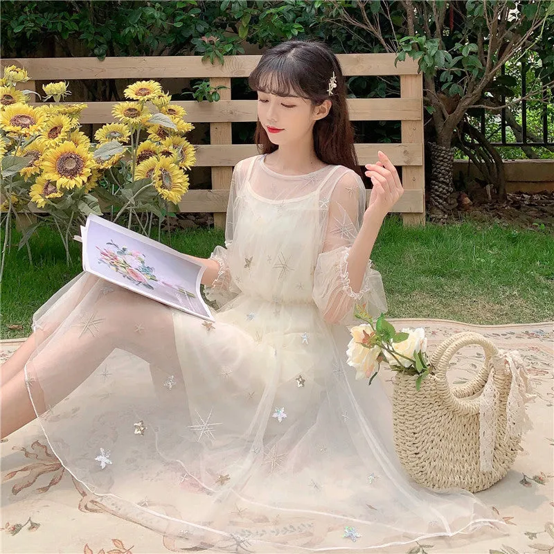 Star Embroidered Mesh Slip Dress  KF90794