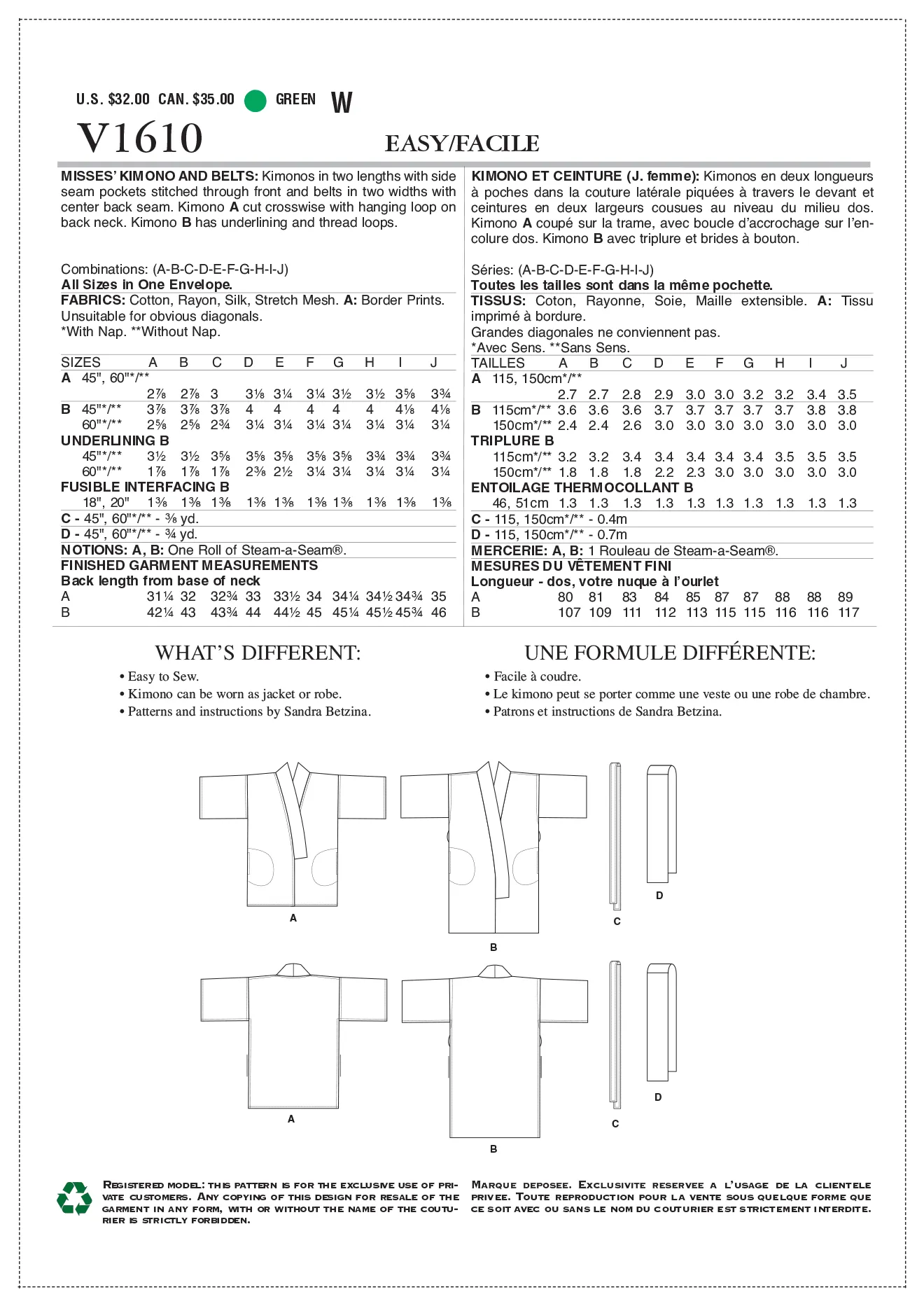 Vogue Pattern V1610 Misses' Kimono and Belts
