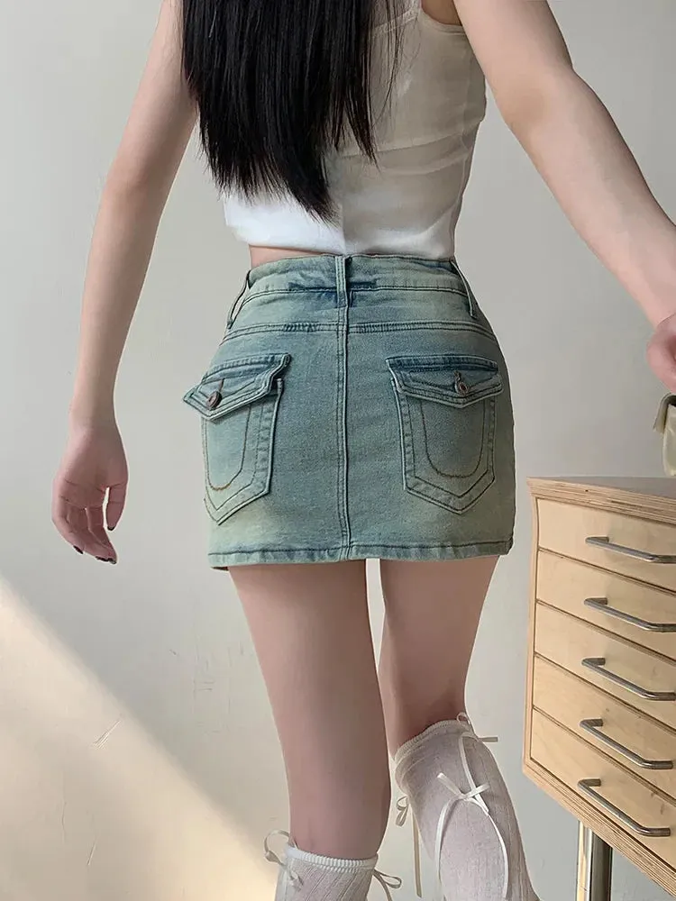 Y2K Vintage Bodycon High Waist Washed Jeans Skirt
