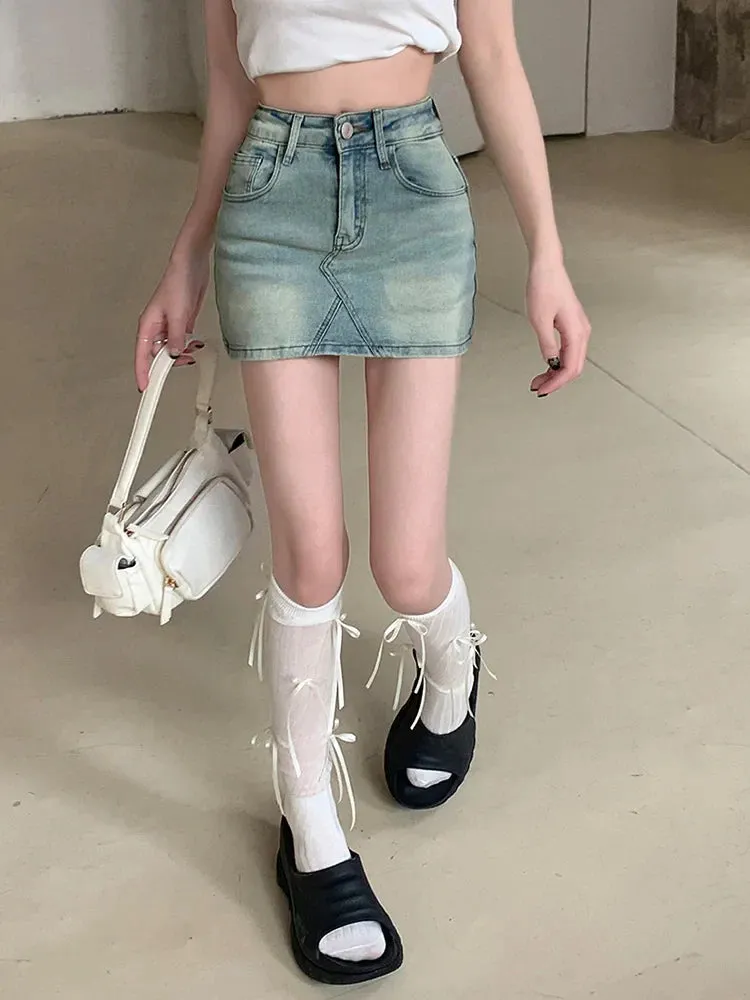 Y2K Vintage Bodycon High Waist Washed Jeans Skirt